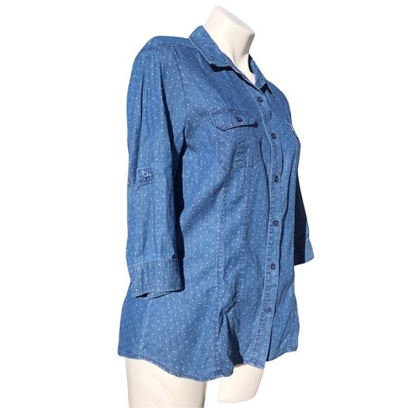 Apt 9 cotton chambray polka dot blouse roll tab sleeves size medium - Picture 4 of 9